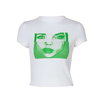 Womens Short Sleeve Shirts Face Print Crop Tops Crewneck Girls y2k 2021 Fashion Tee 90s(Q E Face, Sm...