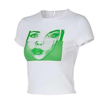 Womens Short Sleeve Shirts Face Print Crop Tops Crewneck Girls y2k 2021 Fashion Tee 90s(Q E Face, Small)