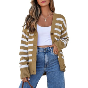 EVALESS Womens Striped Cardigan Sweaters Fashion 2024 Fall Winter Long Sleeve V Neck Lightweight Car...