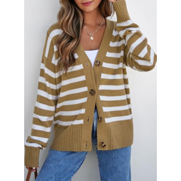 EVALESS Womens Striped Cardigan Sweaters Fashion 2024 Fall Winter Long Sleeve V Neck Lightweight Cardigans Open Front Button Down Knit Sweater Tops Khaki Stripe Small