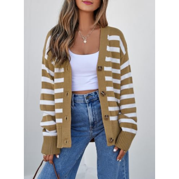 EVALESS Womens Striped Cardigan Sweaters Fashion 2024 Fall Winter Long Sleeve V Neck Lightweight Cardigans Open Front Button Down Knit Sweater Tops Khaki Stripe Small