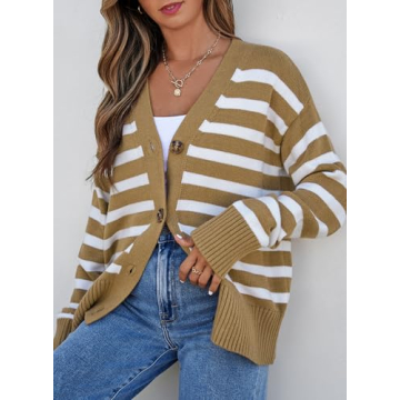 EVALESS Womens Striped Cardigan Sweaters Fashion 2024 Fall Winter Long Sleeve V Neck Lightweight Cardigans Open Front Button Down Knit Sweater Tops Khaki Stripe Small