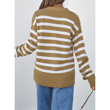 EVALESS Womens Striped Cardigan Sweaters Fashion 2024 Fall Winter Long Sleeve V Neck Lightweight Cardigans Open Front Button Down Knit Sweater Tops Khaki Stripe Small