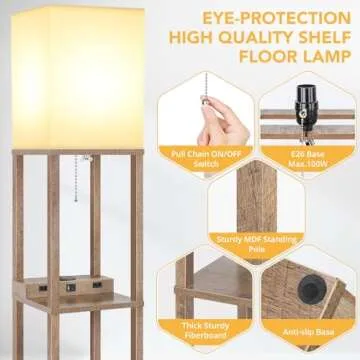 Mlambert Modern Shelf Floor Lamp with Wireless Charger & Fast Charging USB Ports & Type C Port & 2 Power Outlets,3 Tier Storage Lamp for Bedroom(Wood)