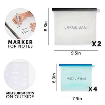 Reusable Silicone Food Storage Bags,WOHOME Airtight Seal Food Preservation Bags/Food Grade/Versatile Preservation Bag Container for Vegetable,Liquid,Snack,Meat,Lunch,Fruit,/2xLarge 50oz+4xSmall 30oz