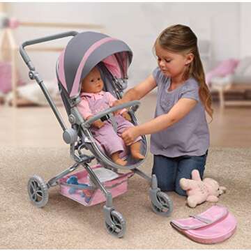 Badger Basket Daydream Multi-Function Single Doll Pram Stroller for 18-20 Inch Dolls - Gray and Pink...