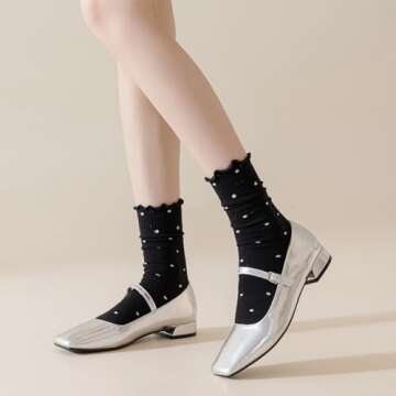 Mcool Mary 6 Pairs Women's Ruffle Socks,Casual Ankle Breathable Cool Knit Cotton Cute Polka Dot Crew Sock 6 Pack