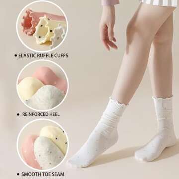 Mcool Mary 6 Pairs Women's Ruffle Socks,Casual Ankle Breathable Cool Knit Cotton Cute Polka Dot Crew Sock 6 Pack