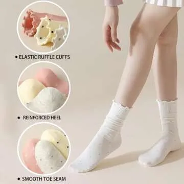 Mcool Mary 6 Pairs Women's Ruffle Socks,Casual Ankle Breathable Cool Knit Cotton Cute Polka Dot Crew Sock 6 Pack