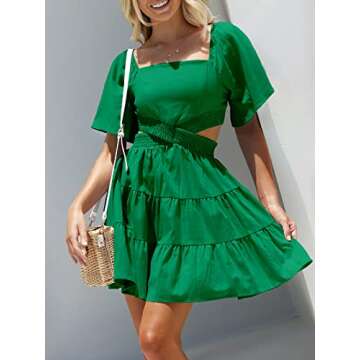 ANRABESS Women 2023 Spring Dress Summer Casual Cutout Square Neck Short Sleeve A-Line Sexy Party Gradution Dress Babydoll Short Mini Dresses 925chunlv-M