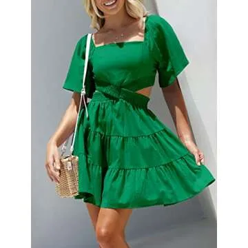 ANRABESS Women 2023 Spring Dress Summer Casual Cutout Square Neck Short Sleeve A-Line Sexy Party Gradution Dress Babydoll Short Mini Dresses 925chunlv-M