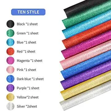 SGHUO 12 Pack Glitter HTV Heat Transfer Vinyl 12"x10" - 10 Assorted Colors Iron on Vinyl Sheets, Heat Press Vinyl and 1 Teflon Sheet for T-Shirts Work, Silhouette Cameo