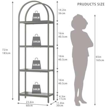Kogven Bookshelf Arched Bookcase, Industrial Curved Metal Book Shelves, 72" Tall Freestanding Open S...