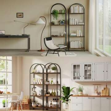 Kogven Bookshelf Arched Bookcase, Industrial Curved Metal Book Shelves, 72" Tall Freestanding Open Storage Shelf Display Rack for Living Room Home Office, Rustic Brown, 4-Tier