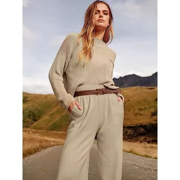 ANRABESS Women's Two Piece Outfits Long Sleeve Knit Top Fall Sweater Set Oversized Pants Tracksuit Lounge Sets Khaki Small
