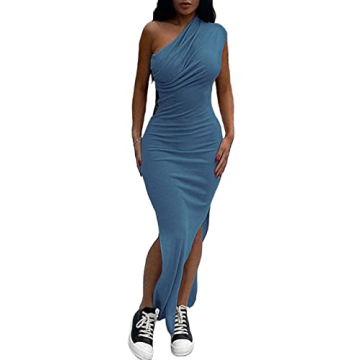 Blue One Shoulder Ribbed Bodycon Maxi Dress for Women