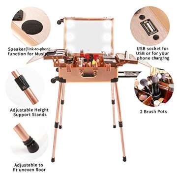 Jula Vance Large Makeup Train Case with Speaker & Code Lock & Full Screen Lighted Mirror & 3 Light Colors Lighted Rolling Cosmetic Organizer, Professional Artist Trolley Studio Free Standing