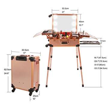 Jula Vance Large Makeup Train Case with Speaker & Code Lock & Full Screen Lighted Mirror & 3 Light Colors Lighted Rolling Cosmetic Organizer, Professional Artist Trolley Studio Free Standing