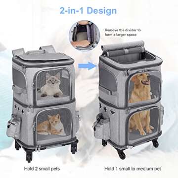 HOVONO Double-Compartment Pet Carrier Backpack with Wheels for Small Cats and Dogs, Cat Rolling Carr...