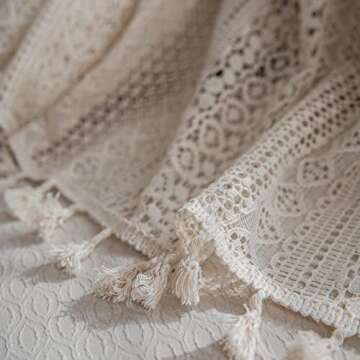 JOOJA Boho Lace Curtains 2 Panels Beige Lace Sheer Curtains with Crochet Semi Sheer Vintage Lace Curtains for Living Room Bedroom, Farmhouse, Bohemian Style Modern Boho Curtains (Crochet Beige, 59x84)