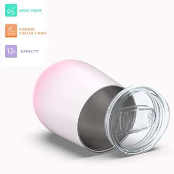 Umite Chef Stainless Steel Stemless Wine Tumbler with Straws, 12 PackDouble Wall Vacuum Insulated Wine Glass with Slip Lids for Coffee, Wine, Cocktails, Ice Cream (Pink and White)