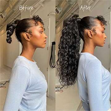 Meepo 24 Inch Curly Ponytail Extensions Synthetic Deep Wave Drawstring Ponytail For Black Women Human Hair Feeling With Clip In Thick Ponytail Hair Natural Black Hairpiece(1b#,160g) (24inch, 1b#)