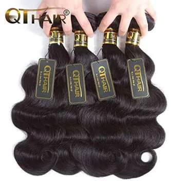 QTHAIR 16A Body Wave Human Hair Weave (16 18 20 22,400g,Natural Black) 100% Unprocessed Brazilian Virgin Hair Extensions Bundles