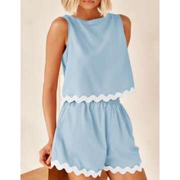 ZESICA Women's 2024 Summer 2 Piece Outfits Set Linen Lace Trim Crewneck Tank Crop Top and Shorts Lou...