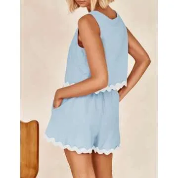ZESICA Women's 2024 Summer 2 Piece Outfits Set Linen Lace Trim Crewneck Tank Crop Top and Shorts Lounge Pajama Sets,Sky,Medium