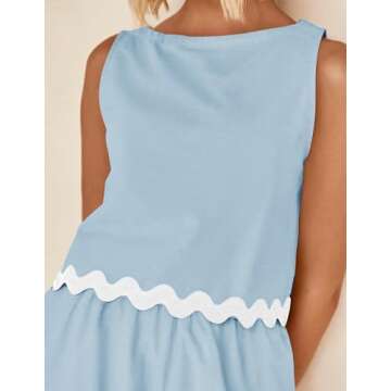 ZESICA Women's 2024 Summer 2 Piece Outfits Set Linen Lace Trim Crewneck Tank Crop Top and Shorts Lounge Pajama Sets,Sky,Medium