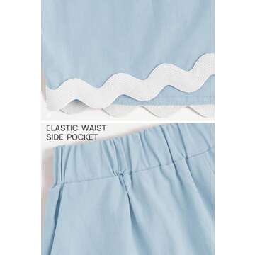 ZESICA Women's 2024 Summer 2 Piece Outfits Set Linen Lace Trim Crewneck Tank Crop Top and Shorts Lounge Pajama Sets,Sky,Medium