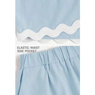 ZESICA Women's 2024 Summer 2 Piece Outfits Set Linen Lace Trim Crewneck Tank Crop Top and Shorts Lounge Pajama Sets,Sky,Medium