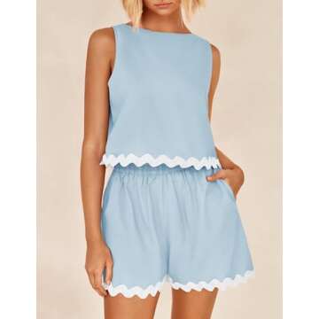 ZESICA Women's 2024 Summer 2 Piece Outfits Set Linen Lace Trim Crewneck Tank Crop Top and Shorts Lounge Pajama Sets,Sky,Medium