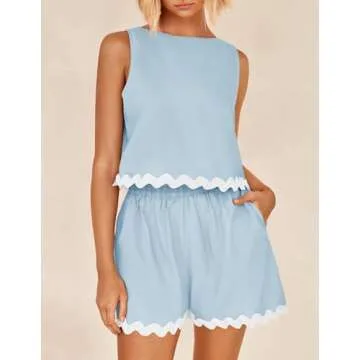 ZESICA Women's 2024 Summer 2 Piece Outfits Set Linen Lace Trim Crewneck Tank Crop Top and Shorts Lounge Pajama Sets,Sky,Medium