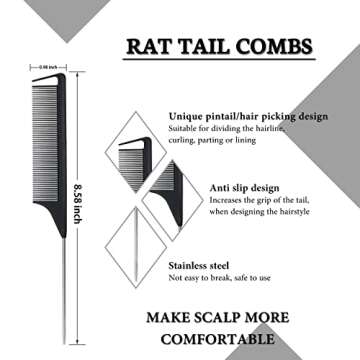 4 Pieces Hair Styling Comb Set Black - Bristle Teasing Brush, Rat Tail Comb, Dual Edge Brush, Elasti...