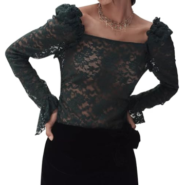 Anoumcy Puff Shoulder Lace Long Sleeve Top for Women Floral Sheer Mesh Lace Tops Party Club Night Se...
