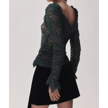 Anoumcy Puff Shoulder Lace Long Sleeve Top for Women Floral Sheer Mesh Lace Tops Party Club Night See Through Y2k Top Shirts Green M