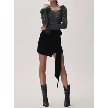 Anoumcy Puff Shoulder Lace Long Sleeve Top for Women Floral Sheer Mesh Lace Tops Party Club Night See Through Y2k Top Shirts Green M