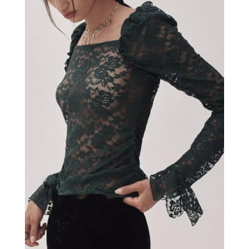 Anoumcy Puff Shoulder Lace Long Sleeve Top for Women Floral Sheer Mesh Lace Tops Party Club Night See Through Y2k Top Shirts Green M