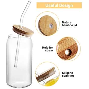 HOMBERKING Glass Cups with Bamboo Lids and Straws 12pcs Set, 20oz Can Shaped Glass Cups, Beer Glasses, Iced Coffee Cups, Cute Tumbler Cup with Cleaning Brushes, Ideal for Cocktail, Whiskey, Tea