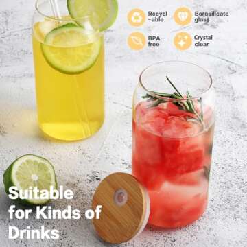 HOMBERKING Glass Cups with Bamboo Lids and Straws 12pcs Set, 20oz Can Shaped Glass Cups, Beer Glasses, Iced Coffee Cups, Cute Tumbler Cup with Cleaning Brushes, Ideal for Cocktail, Whiskey, Tea