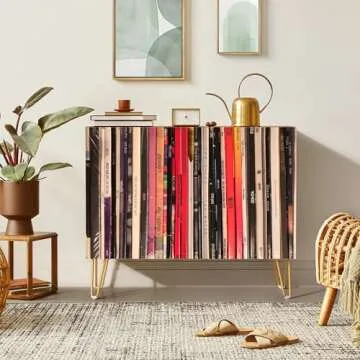 SIGNWIN Sideboard Buffet Cabinet, Kitchen Storage Cabinet with 2 Doors, Bookshelf Library Pattern Design, Cupboard Console Table for Dining Room - 35" L x 18" W x 29" H