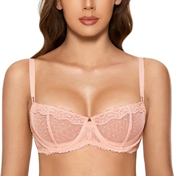 DOBREVA Women's Sexy Lace Balconette Bra - Unlined, Sheer & Comfortable
