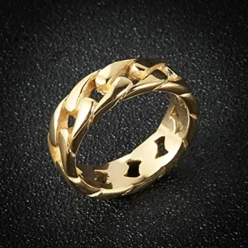 HZMAN Mens Stainless Steel Cuban Link Ring Silver Gold Black