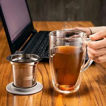 Kitchen Kite Glass Tea Cup with Stainless Steel Infuser and Lid - Microwave & Dishwasher Safe, 16oz Double Wall Tea Infuser Mug with Blooming, Loose Leaf Tea Sampler, Gift Set for Tea Lovers