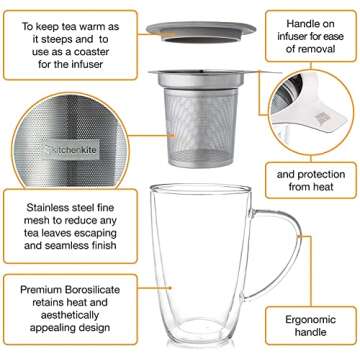 Kitchen Kite Glass Tea Cup with Stainless Steel Infuser and Lid - Microwave & Dishwasher Safe, 16oz Double Wall Tea Infuser Mug with Blooming, Loose Leaf Tea Sampler, Gift Set for Tea Lovers