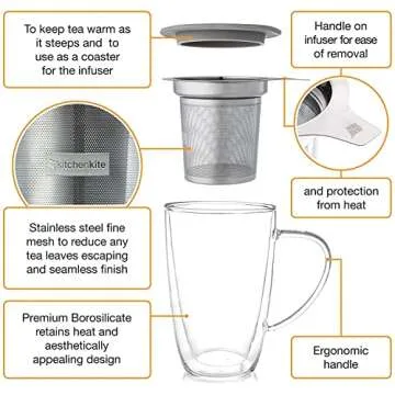 Kitchen Kite Glass Tea Cup with Stainless Steel Infuser and Lid - Microwave & Dishwasher Safe, 16oz Double Wall Tea Infuser Mug with Blooming, Loose Leaf Tea Sampler, Gift Set for Tea Lovers