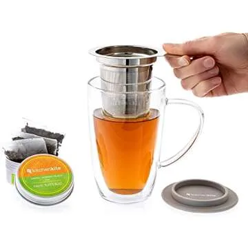 Kitchen Kite Glass Tea Cup with Stainless Steel Infuser and Lid - Microwave & Dishwasher Safe, 16oz Double Wall Tea Infuser Mug with Blooming, Loose Leaf Tea Sampler, Gift Set for Tea Lovers