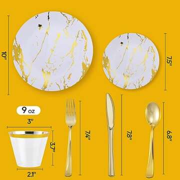 JOLLY PARTY 180PCS Disposable Dinnerware Set 30 Guest, 60 White and Gold Plastic Plates, 30 Plastic Silverware, 30 Plastic Cups, Marble Design Dinnerware for Wedding and Parties