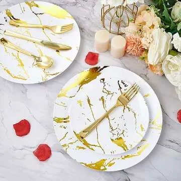 JOLLY PARTY 180PCS Disposable Dinnerware Set 30 Guest, 60 White and Gold Plastic Plates, 30 Plastic Silverware, 30 Plastic Cups, Marble Design Dinnerware for Wedding and Parties